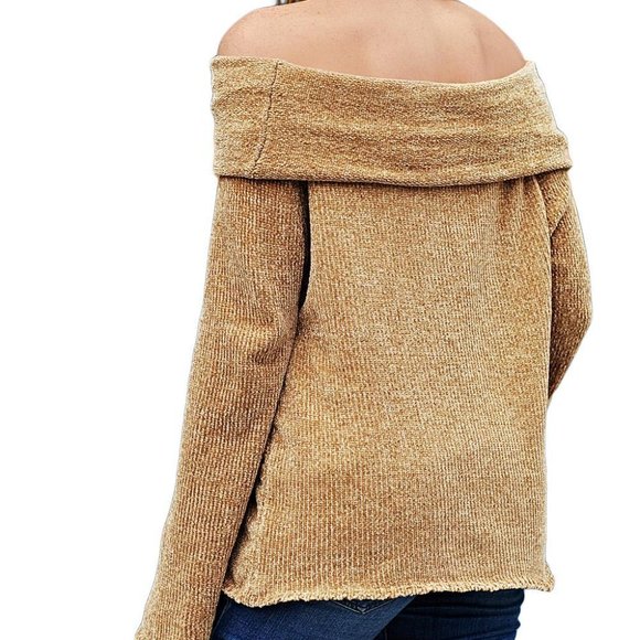Chic Khaki Soft Velvet Knit Off Shoulder Sweater - Picture 5 of 6